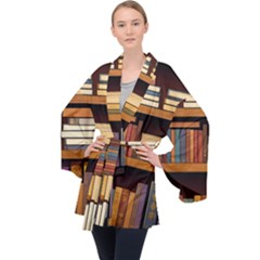 Book Nook Books Bookshelves Comfortable Cozy Literature Library Study Reading Room Fiction Entertain Long Sleeve Velvet Kimono  by Maspions