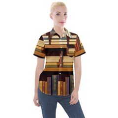 Book Nook Books Bookshelves Comfortable Cozy Literature Library Study Reading Room Fiction Entertain Women s Short Sleeve Pocket Shirt