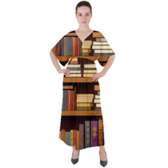 Book Nook Books Bookshelves Comfortable Cozy Literature Library Study Reading Room Fiction Entertain V-neck Boho Style Maxi Dress