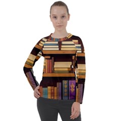 Book Nook Books Bookshelves Comfortable Cozy Literature Library Study Reading Room Fiction Entertain Women s Long Sleeve Raglan T-shirt