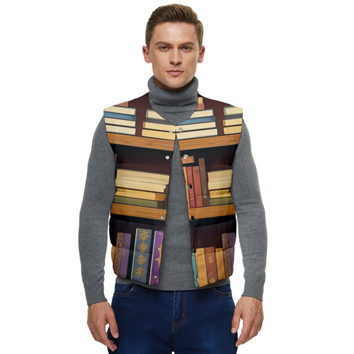 Book Nook Books Bookshelves Comfortable Cozy Literature Library Study Reading Room Fiction Entertain Men s Button Up Puffer Vest	