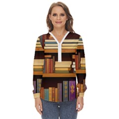 Book Nook Books Bookshelves Comfortable Cozy Literature Library Study Reading Room Fiction Entertain Zip Up Long Sleeve Blouse