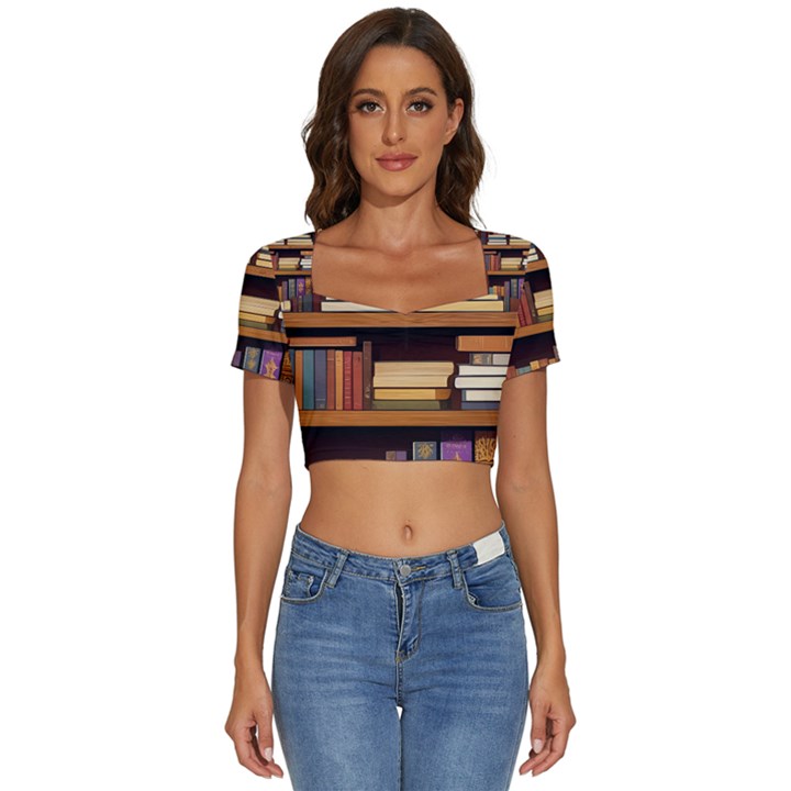 Book Nook Books Bookshelves Comfortable Cozy Literature Library Study Reading Room Fiction Entertain Short Sleeve Square Neckline Crop Top 