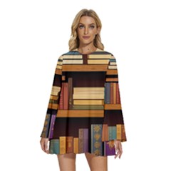 Book Nook Books Bookshelves Comfortable Cozy Literature Library Study Reading Room Fiction Entertain Round Neck Long Sleeve Bohemian Style Chiffon Mini Dress by Maspions