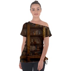 Books Book Shelf Shelves Knowledge Book Cover Gothic Old Ornate Library Off Shoulder Tie-up T-shirt