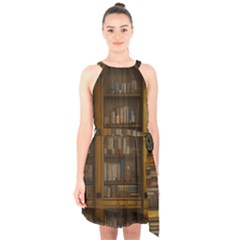 Books Book Shelf Shelves Knowledge Book Cover Gothic Old Ornate Library Halter Collar Waist Tie Chiffon Dress