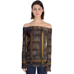 Books Book Shelf Shelves Knowledge Book Cover Gothic Old Ornate Library Off Shoulder Long Sleeve Top by Maspions