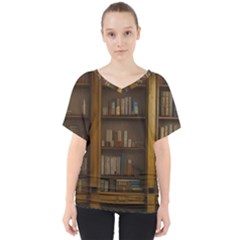 Books Book Shelf Shelves Knowledge Book Cover Gothic Old Ornate Library V-neck Dolman Drape Top