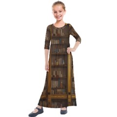 Books Book Shelf Shelves Knowledge Book Cover Gothic Old Ornate Library Kids  Quarter Sleeve Maxi Dress by Maspions