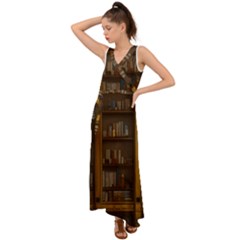 Books Book Shelf Shelves Knowledge Book Cover Gothic Old Ornate Library V-neck Chiffon Maxi Dress by Maspions