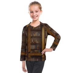 Books Book Shelf Shelves Knowledge Book Cover Gothic Old Ornate Library Kids  Long Mesh T-shirt