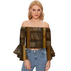 Books Book Shelf Shelves Knowledge Book Cover Gothic Old Ornate Library Off Shoulder Flutter Bell Sleeve Top by Maspions