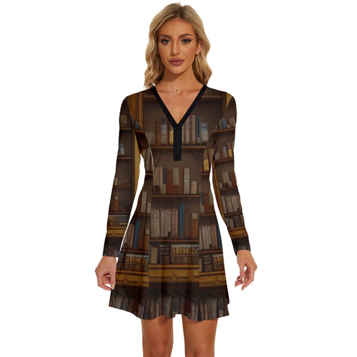 Books Book Shelf Shelves Knowledge Book Cover Gothic Old Ornate Library Long Sleeve Deep V Mini Dress 