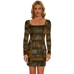 Books Book Shelf Shelves Knowledge Book Cover Gothic Old Ornate Library Long Sleeve Square Neck Bodycon Velvet Dress