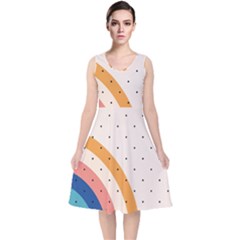 Abstract Geometric Bauhaus Polka Dots Retro Memphis Rainbow V-neck Midi Sleeveless Dress 