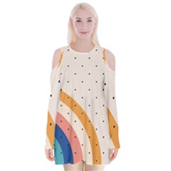 Abstract Geometric Bauhaus Polka Dots Retro Memphis Rainbow Velvet Long Sleeve Shoulder Cutout Dress