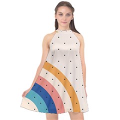 Abstract Geometric Bauhaus Polka Dots Retro Memphis Rainbow Halter Neckline Chiffon Dress 