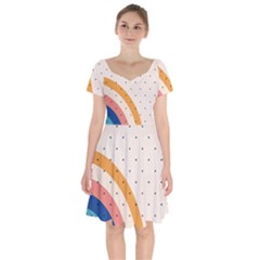 Abstract Geometric Bauhaus Polka Dots Retro Memphis Rainbow Short Sleeve Bardot Dress