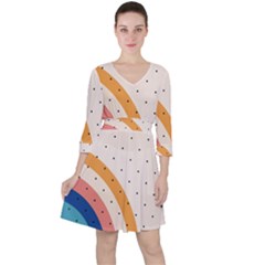 Abstract Geometric Bauhaus Polka Dots Retro Memphis Rainbow Quarter Sleeve Ruffle Waist Dress