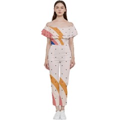 Abstract Geometric Bauhaus Polka Dots Retro Memphis Rainbow Bardot Ruffle Jumpsuit by Maspions