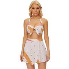 Abstract Geometric Bauhaus Polka Dots Retro Memphis Rainbow Vintage Style Bikini Top And Skirt Set 