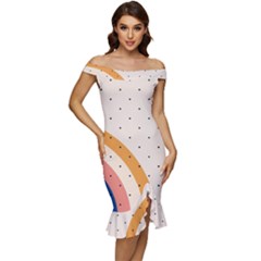 Abstract Geometric Bauhaus Polka Dots Retro Memphis Rainbow Off Shoulder Ruffle Split Hem Bodycon Dress by Maspions