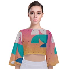 Abstract Geometric Bauhaus Polka Dots Retro Memphis Art Tie Back Butterfly Sleeve Chiffon Top