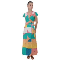 Abstract Geometric Bauhaus Polka Dots Retro Memphis Art Flutter Sleeve Maxi Dress