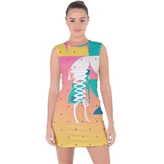 Abstract Geometric Bauhaus Polka Dots Retro Memphis Art Lace Up Front Bodycon Dress by Maspions