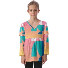 Abstract Geometric Bauhaus Polka Dots Retro Memphis Art Kids  V Neck Casual Top