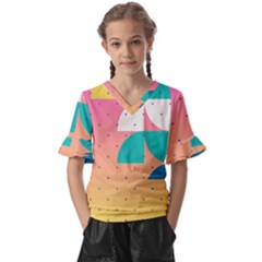 Abstract Geometric Bauhaus Polka Dots Retro Memphis Art Kids  V-neck Horn Sleeve Blouse