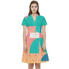 Abstract Geometric Bauhaus Polka Dots Retro Memphis Art Short Sleeve Waist Detail Dress