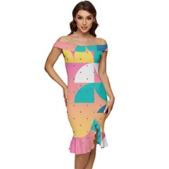 Abstract Geometric Bauhaus Polka Dots Retro Memphis Art Off Shoulder Ruffle Split Hem Bodycon Dress by Maspions