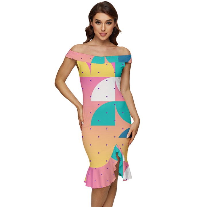 Abstract Geometric Bauhaus Polka Dots Retro Memphis Art Off Shoulder Ruffle Split Hem Bodycon Dress