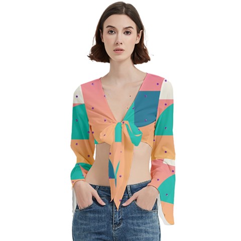 Abstract Geometric Bauhaus Polka Dots Retro Memphis Art Trumpet Sleeve Cropped Top by Maspions