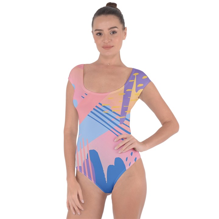 Abstract Lines Dots Pattern Purple Pink Blue Short Sleeve Leotard 