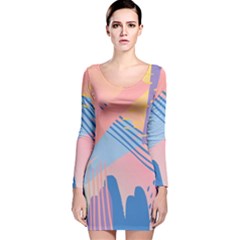 Abstract Lines Dots Pattern Purple Pink Blue Long Sleeve Velvet Bodycon Dress