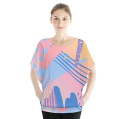 Abstract Lines Dots Pattern Purple Pink Blue Batwing Chiffon Blouse