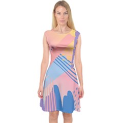 Abstract Lines Dots Pattern Purple Pink Blue Capsleeve Midi Dress