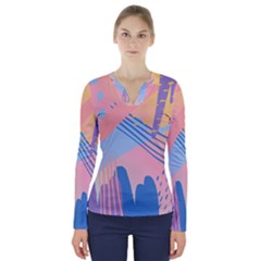 Abstract Lines Dots Pattern Purple Pink Blue V-neck Long Sleeve Top