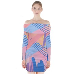 Abstract Lines Dots Pattern Purple Pink Blue Long Sleeve Off Shoulder Dress