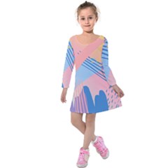 Abstract Lines Dots Pattern Purple Pink Blue Kids  Long Sleeve Velvet Dress