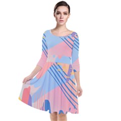 Abstract Lines Dots Pattern Purple Pink Blue Quarter Sleeve Waist Band Dress