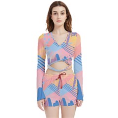 Abstract Lines Dots Pattern Purple Pink Blue Velvet Wrap Crop Top And Shorts Set