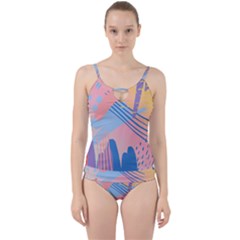 Abstract Lines Dots Pattern Purple Pink Blue Cut Out Top Tankini Set