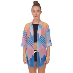 Abstract Lines Dots Pattern Purple Pink Blue Open Front Chiffon Kimono