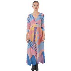 Abstract Lines Dots Pattern Purple Pink Blue Button Up Boho Maxi Dress