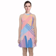 Abstract Lines Dots Pattern Purple Pink Blue Velvet Halter Neckline Dress 