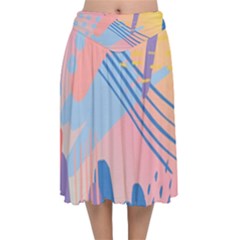 Abstract Lines Dots Pattern Purple Pink Blue Velvet Flared Midi Skirt