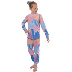 Abstract Lines Dots Pattern Purple Pink Blue Kids  Long Sleeve Set 